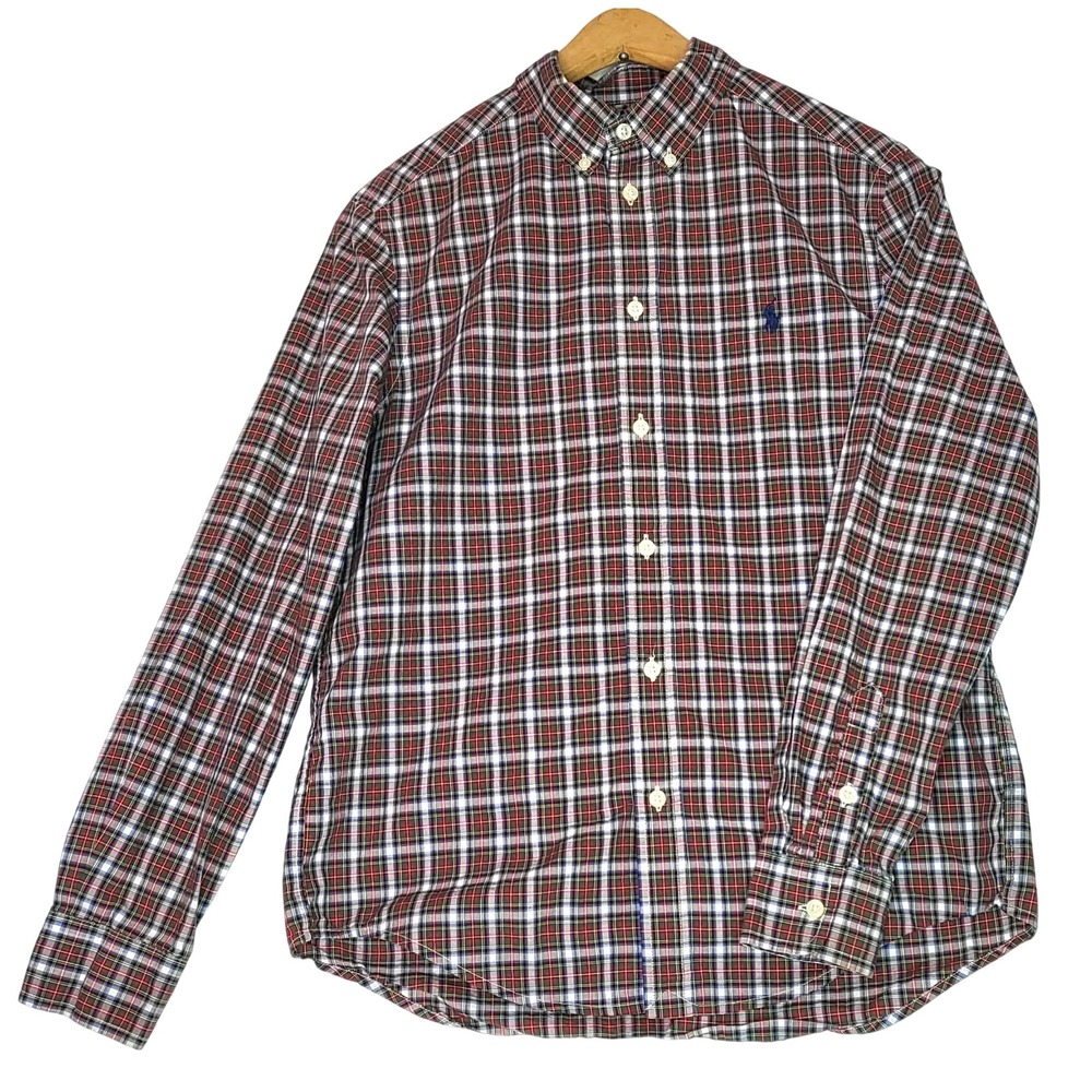 Vintage Ralph Lauren Boys Large 14-16 Plaid Button Down Shirt Red Green Blue Y2K